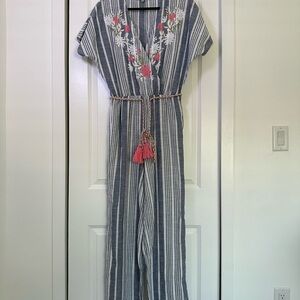Kareena’s Striped Embroidered Tassel 100% Cotton Jumpsuit Size Large